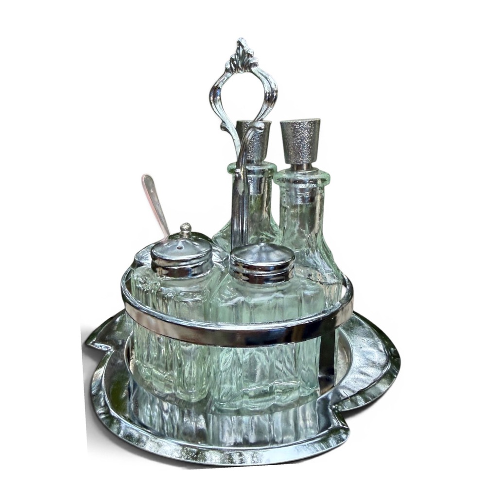 Vintage Glass Cruet Condiment Set Chrome Caddy Serving Tray Spoon 5 Piece